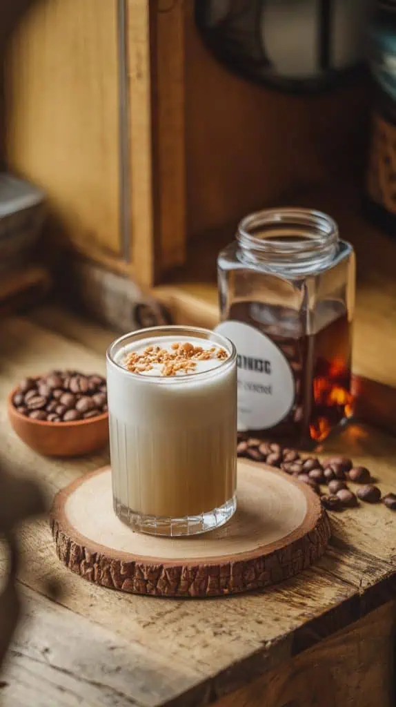 A finished Hazelnut White Russian in a rocks glass, garnished with crushed hazelnuts, set on a rustic wooden table with a jar of hazelnut liqueur and coffee beans nearby.