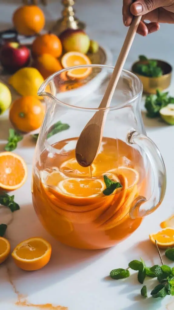 A large clear glass pitcher being filled with white wine, orange juice, and brandy, with honey being stirred in using a wooden spoon