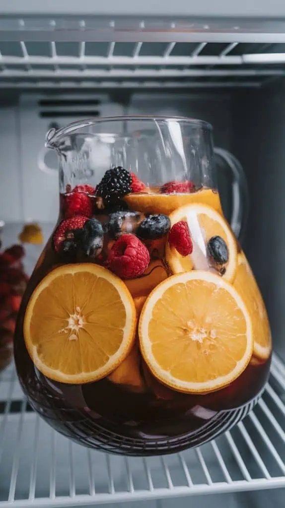 A large glass pitcher filled with a dark coffee-wine blend, with orange and lemon slices floating on top and fresh berries being added. 