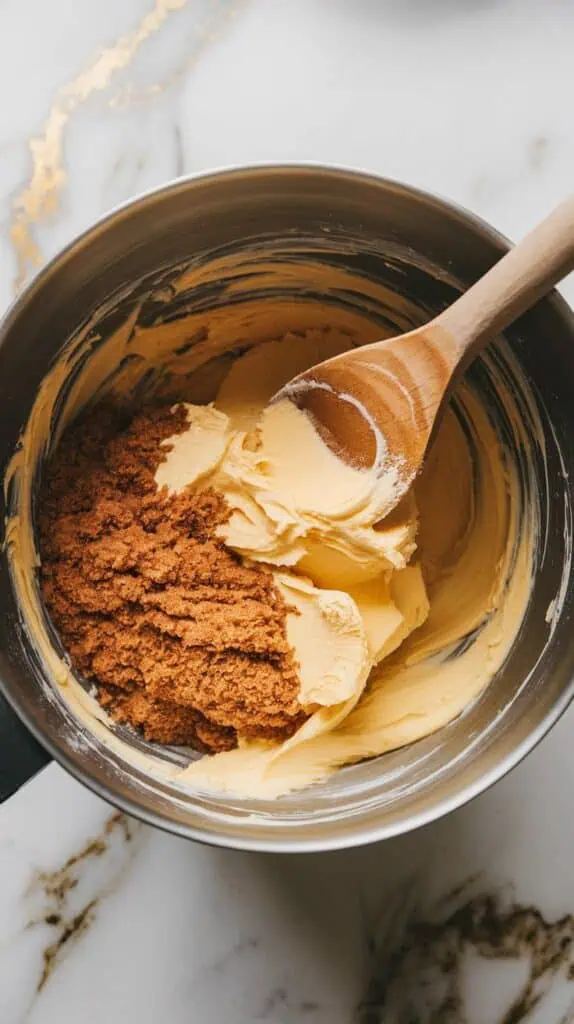 A large mixing bowl with softened butter, brown sugar, and granulated sugar being creamed with a wooden spoon