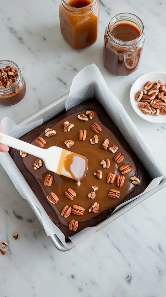 An 8x8 pan of chocolate fudge topped with a smooth layer of caramel sauce and sprinkled with chopped pecans.