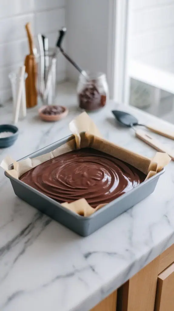 An 8x8 baking pan lined with parchment paper, filled with chocolate fudge mixed with pecans being spread evenly with a spatula. 