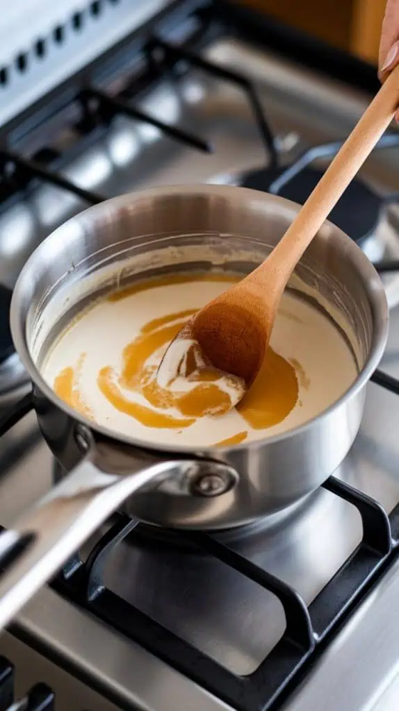 A medium saucepan on a stainless steel gas stove with sugar, heavy cream, butter, and maple syrup being stirred into a smooth mixture