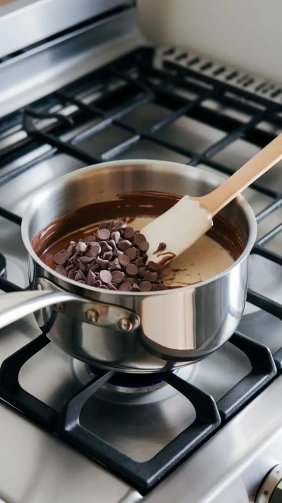 A medium saucepan on a stainless steel gas stove with semi-sweet chocolate chips and sweetened condensed milk being stirred into a smooth, creamy mixture. 