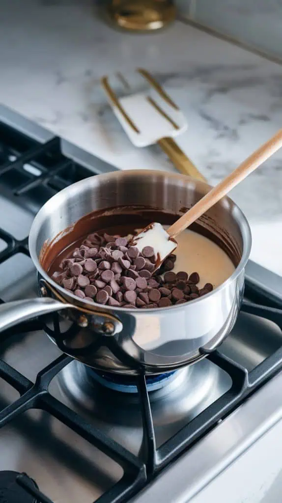 A medium saucepan on a stainless steel gas stove with semi-sweet chocolate chips and sweetened condensed milk being stirred into a smooth mixture. A spatula rests nearby