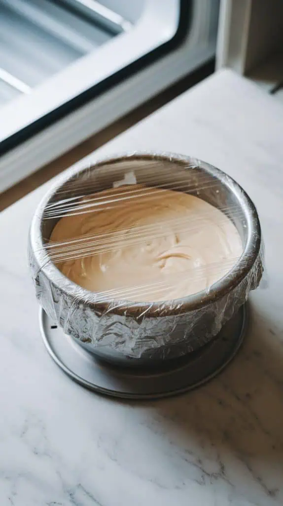 A  metal bowl filled with melted white chocolate is tightly covered with plastic wrap across its top surface