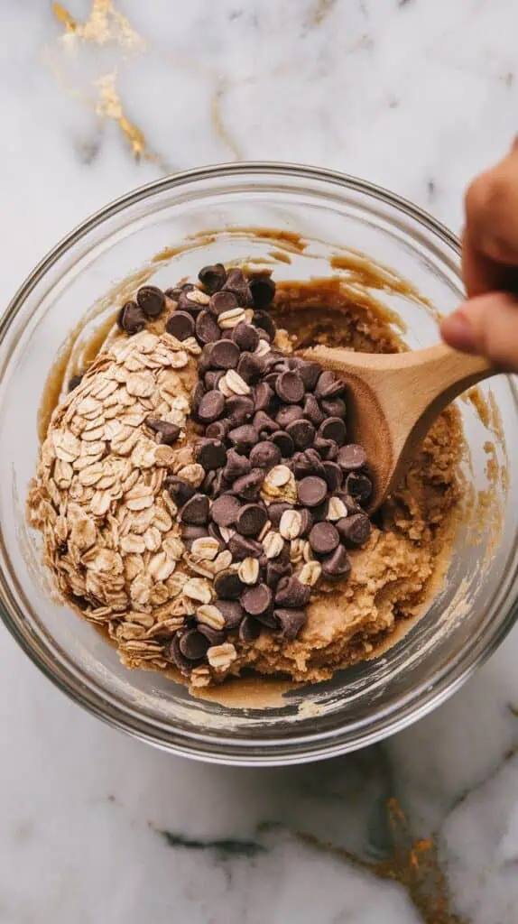 A mixing bowl filled with thick cookie dough, oats, and chocolate chips being folded in with a wooden spoon