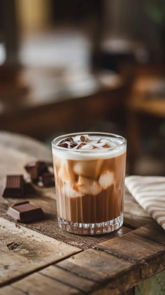 A finished Mocha White Russian in a rocks glass, drizzled with chocolate syrup and sprinkled with cocoa powder, set on a rustic wooden table with chocolate pieces and a napkin nearby
