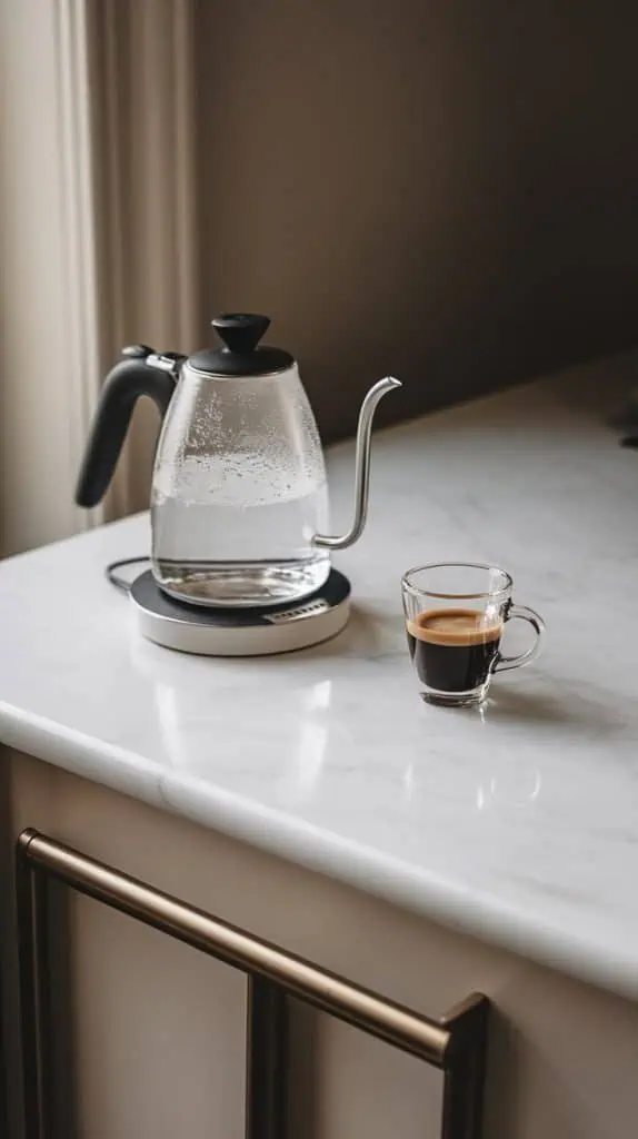 A modern kettle boiling water on a countertop, with a clear mug and espresso shot nearby. 