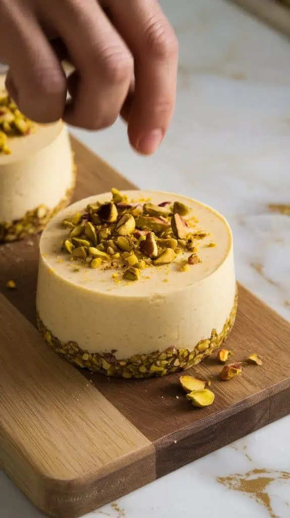 silicone molds being filled with pistachio base topped with Meyer lemon mousse