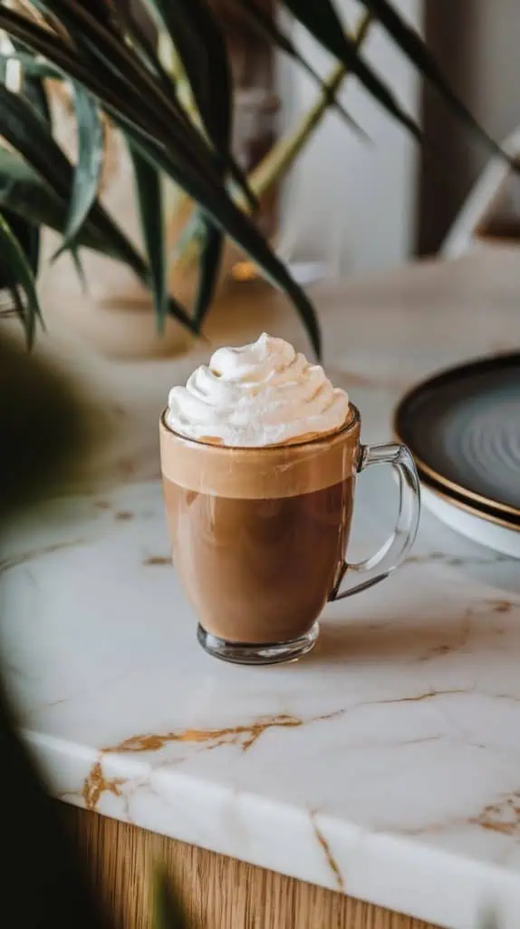 A mug of Mexican coffee topped with a thick swirl of whipped cream, sitting on a wooden table. 