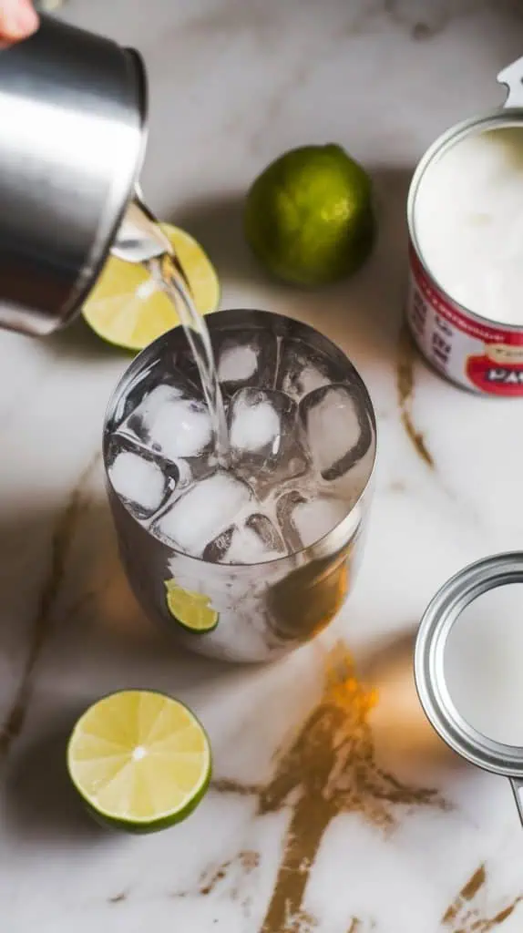 A no-lid shaker filled with ice cubes with white rum being poured in, surrounded by a lime half, a can of coconut cream, and simple syrup