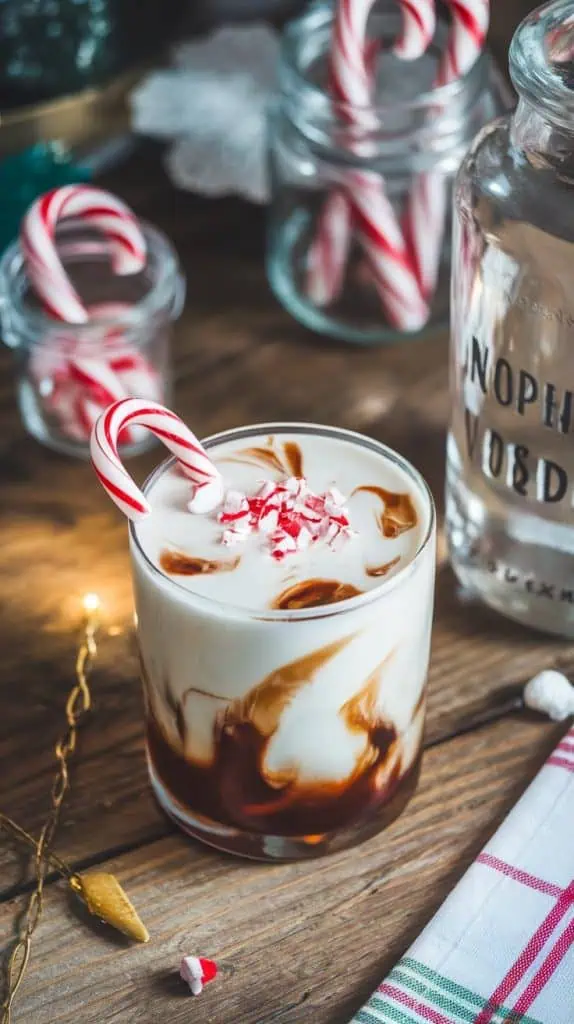 A finished Peppermint White Russian in a rocks glass, garnished with a mini candy cane and crushed peppermint, set on a rustic wooden table with candy canes and napkin nearby.