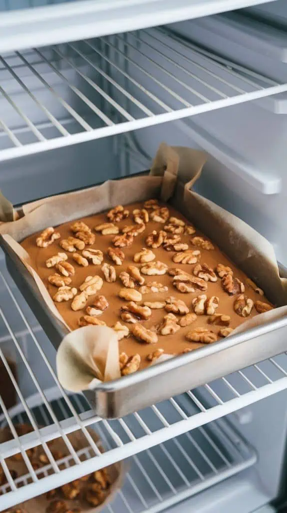 An 8x8 pan of maple walnut fudge resting in a modern stainless steel fridge, with visible walnut pieces on top.