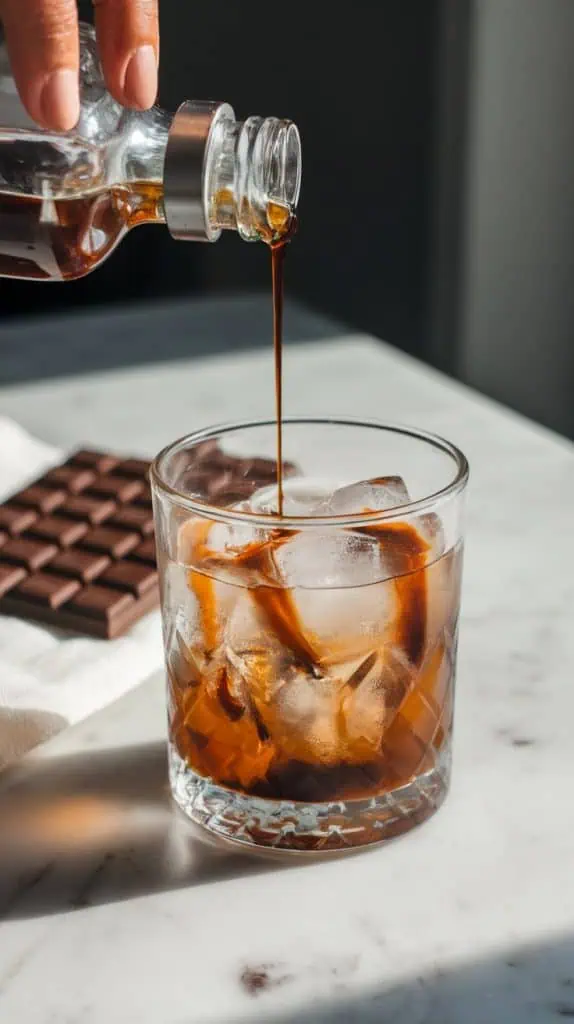 A rocks glass filled with ice as vodka, coffee liqueur, and chocolate syrup are poured in, with a napkin and a bar of chocolate nearby on a white marble counter.