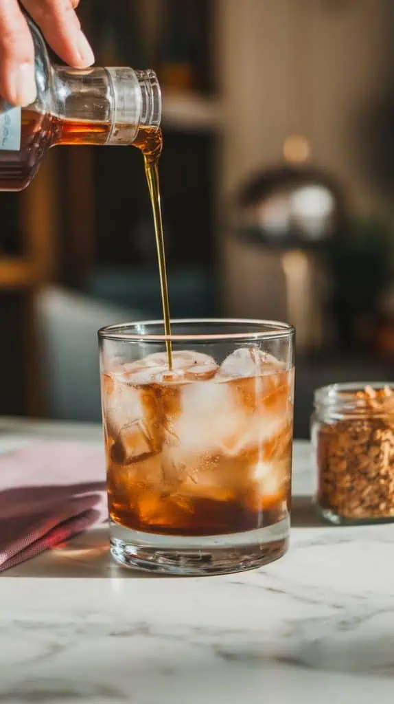 A rocks glass filled with ice as vodka, coffee liqueur, and toffee nut syrup are poured in, with a napkin and a small jar of crushed toffee nearby on a white marble counter. 