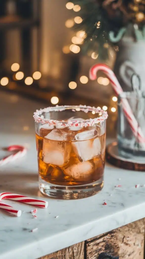 A rocks glass filled with ice as vodka, coffee liqueur, and peppermint schnapps are poured in, with bottles and candy canes nearby on a white marble counter.