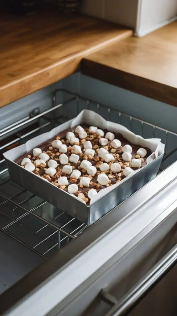 An 8x8 pan of rocky road fudge resting in a modern stainless steel fridge, with visible marshmallows and nuts in the fudge.