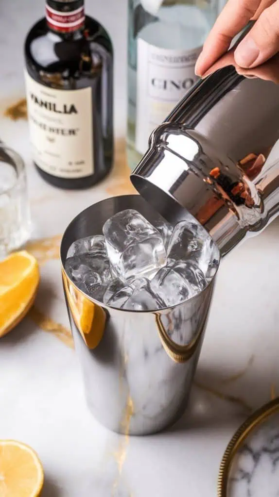A shiny cocktail shaker being filled with clear ice cubes, with bottles of vanilla liqueur and vodka nearby