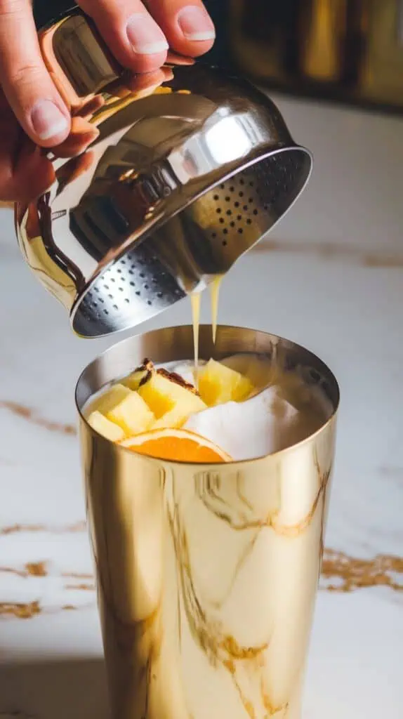 A shiny cocktail shaker being held and shaken, with pineapple juice, orange juice, coconut cream, and rum inside.