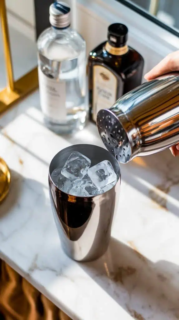 A shiny cocktail shaker being filled with ice cubes, with bottles of vodka and coffee liqueur in the background. 