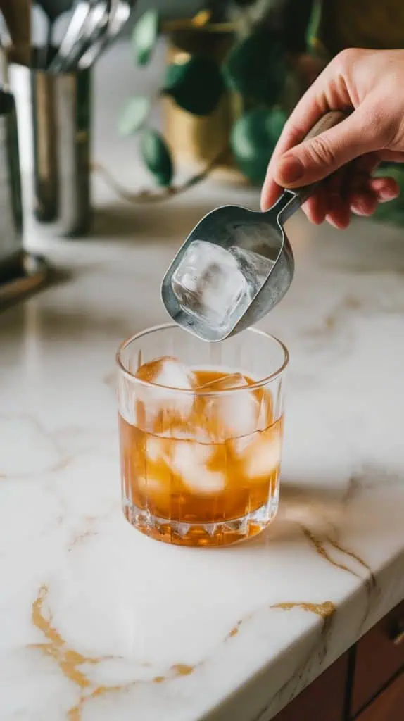 A short rocks glass being filled with ice cubes from a hand holding a scoop, set on a white marble counter with hints of gold.