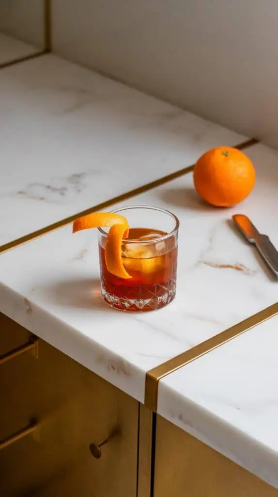 A short rocks glass filled with ice and Licor 43 as a steaming shot of espresso is being poured into it, creating swirls of color in the drink. 