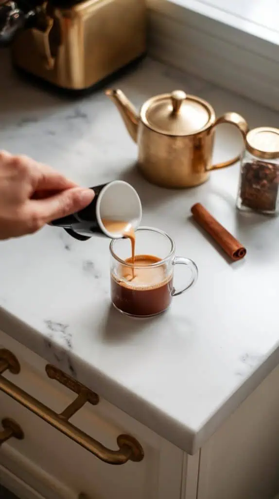 A small espresso cup being poured into a clear glass mug, with a teapot and cinnamon jar nearby on a white marble counter with hints of gold