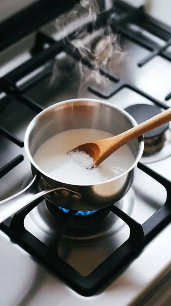 Small saucepan on a modern stainless steel gas stove, filled with milk, heavy cream, and a pinch of salt, steam rising gently as it heats