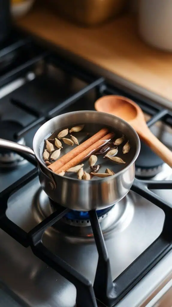 A small saucepan on a stovetop with water and chai spices (cinnamon stick, cardamom pods, cloves, and ginger) simmering gently, with a wooden spoon resting nearby. 
