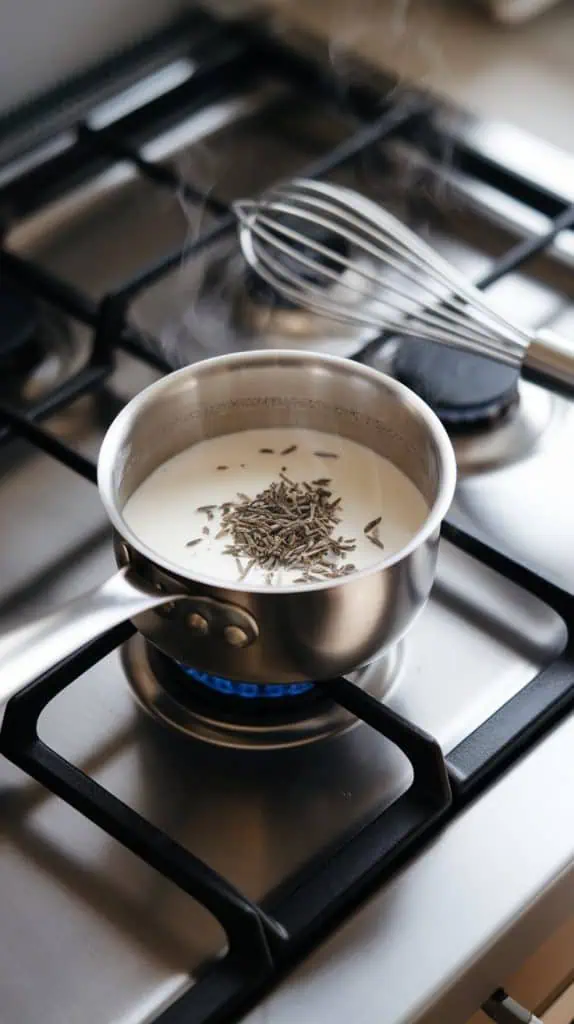 A small saucepan on a modern stainless steel gas stove, with steaming cream and a sprinkle of dried lavender flowers