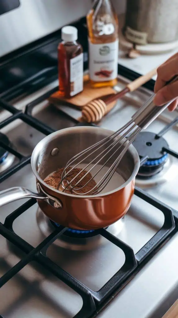 A small saucepan on a stovetop with hazelnut syrup, honey, and cocoa powder being mixed with a whisk, with bottles of syrup and a honey dipper nearby. 