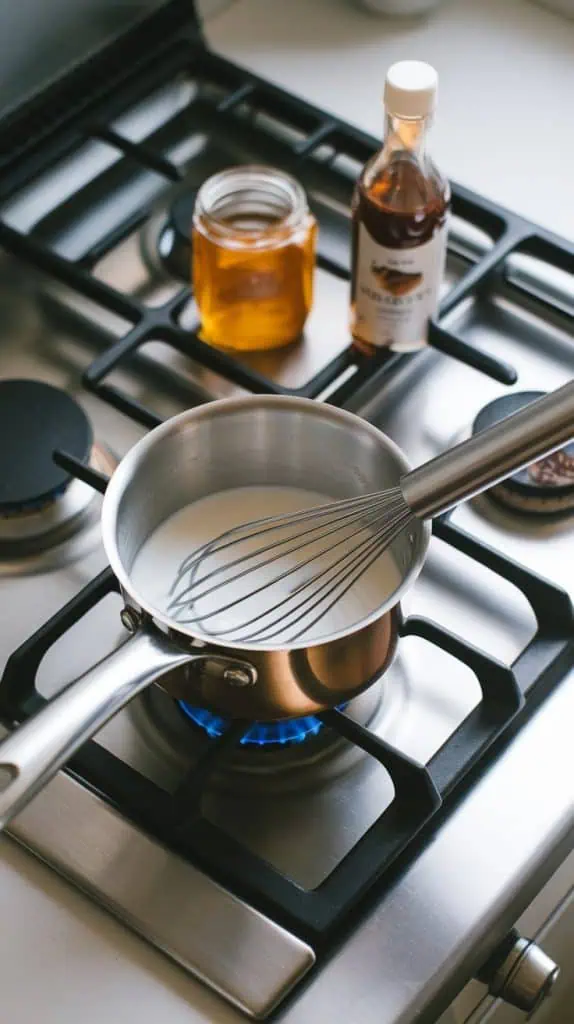 A small saucepan with milk being whisked to create foam, with hazelnut syrup and a jar of honey nearby on a stovetop. 