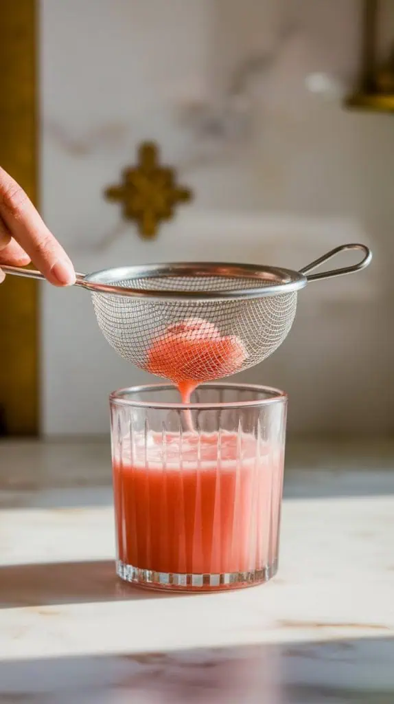 A close-up of a small sieve straining watermelon daiquiri into a glass, with pulp left in the sieve