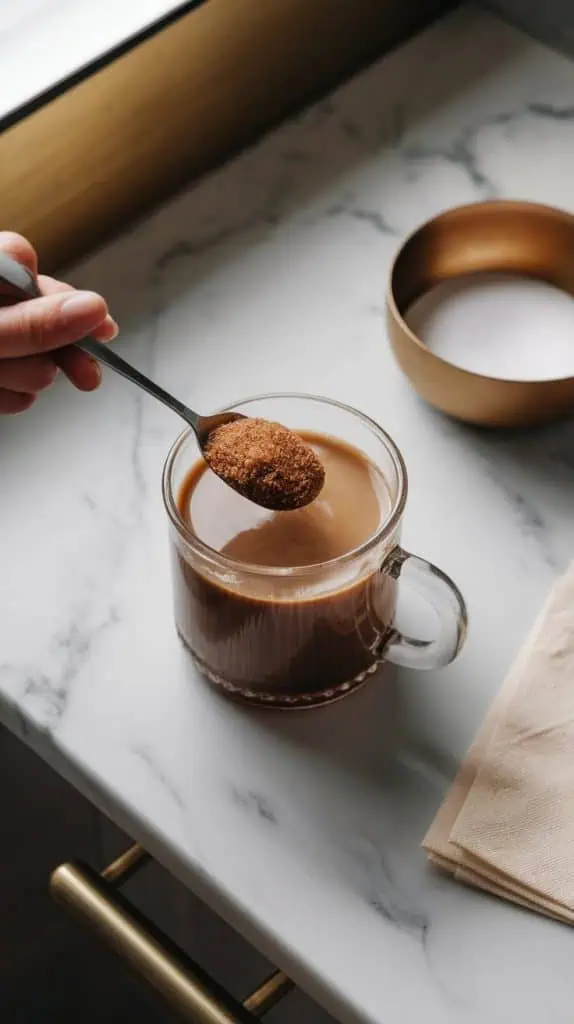 A spoon stirring brown sugar into a clear glass mug of coffee and spiced rum, with the sugar bowl and a napkin on the counter. 