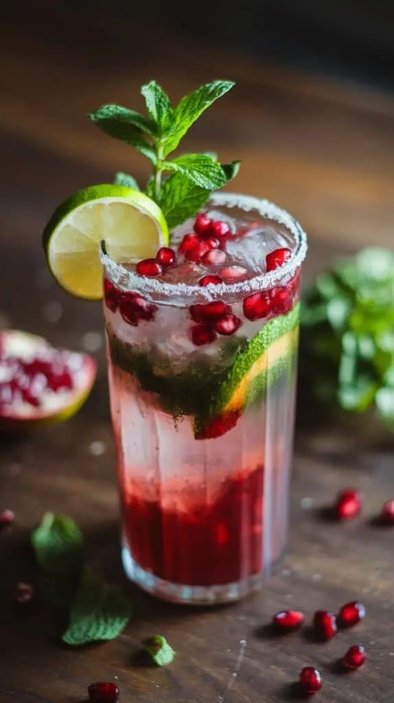 A finished pomegranate mojito in a tall glass, garnished with a sprig of mint, pomegranate seeds, and a lime wedge on the rim. 