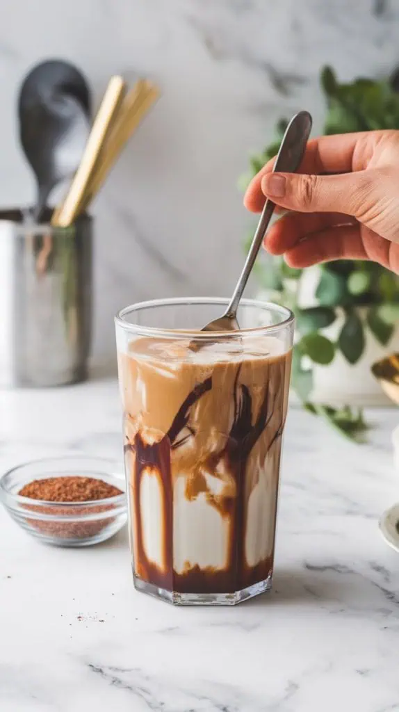A tall glass filled halfway with cold coffee, almond milk, and chocolate syrup being stirred with a spoo