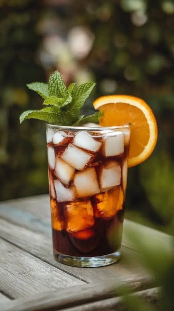 A finished tall glass of Coffee Sangria garnished with a sprig of fresh mint and a slice of orange on the rim, surrounded by coffee beans and a napkin. 