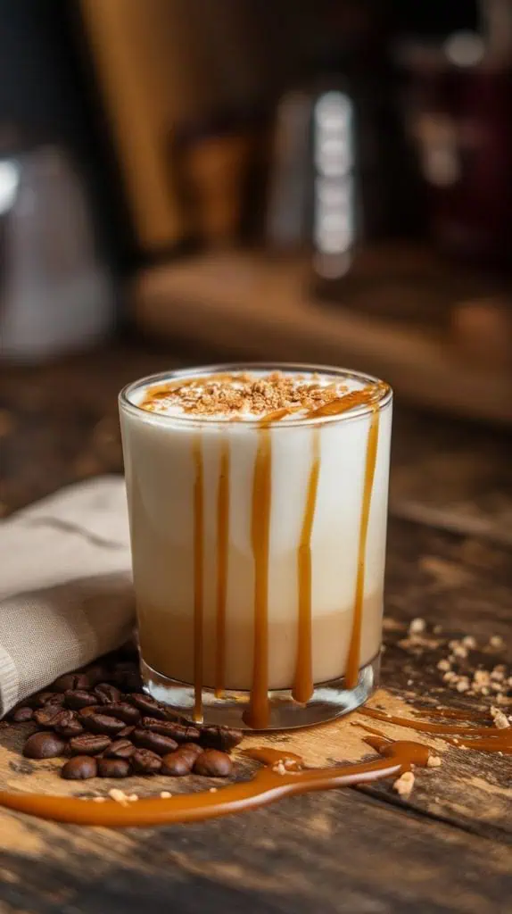 A finished Toffee Nut White Russian in a rocks glass, garnished with a drizzle of caramel sauce and crushed toffee bits, set on a rustic wooden table with coffee beans and a napkin nearby. 