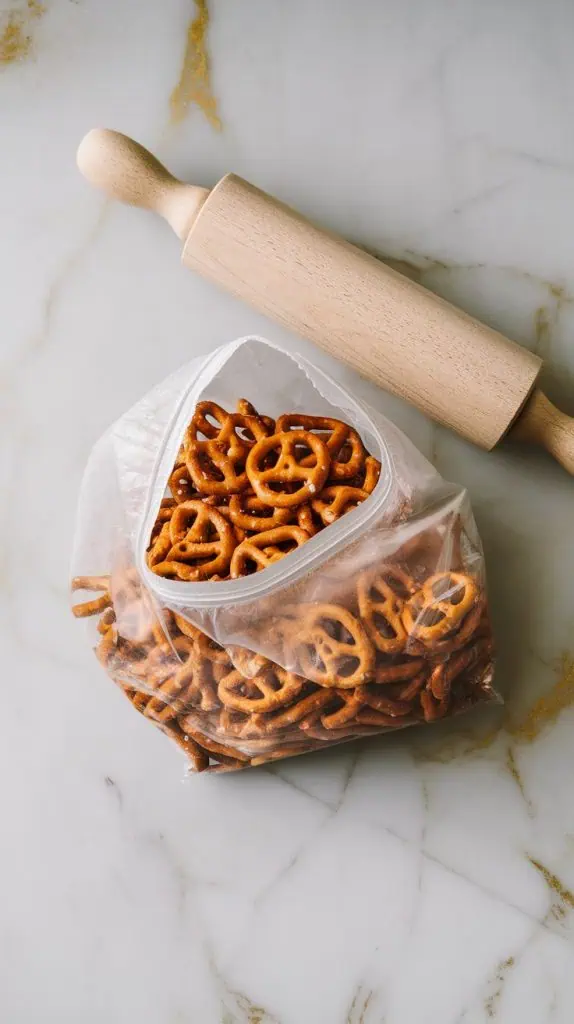 Top-down view of a zip-top bag filled with pretzels being crushed with a wooden rolling pin on a white marble counter with hints of gold