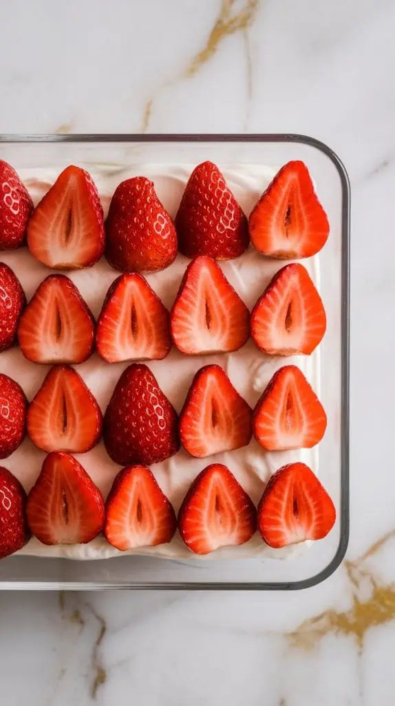 Top-down view of fresh sliced strawberries being arranged neatly on top of a creamy white layer in a glass dish
