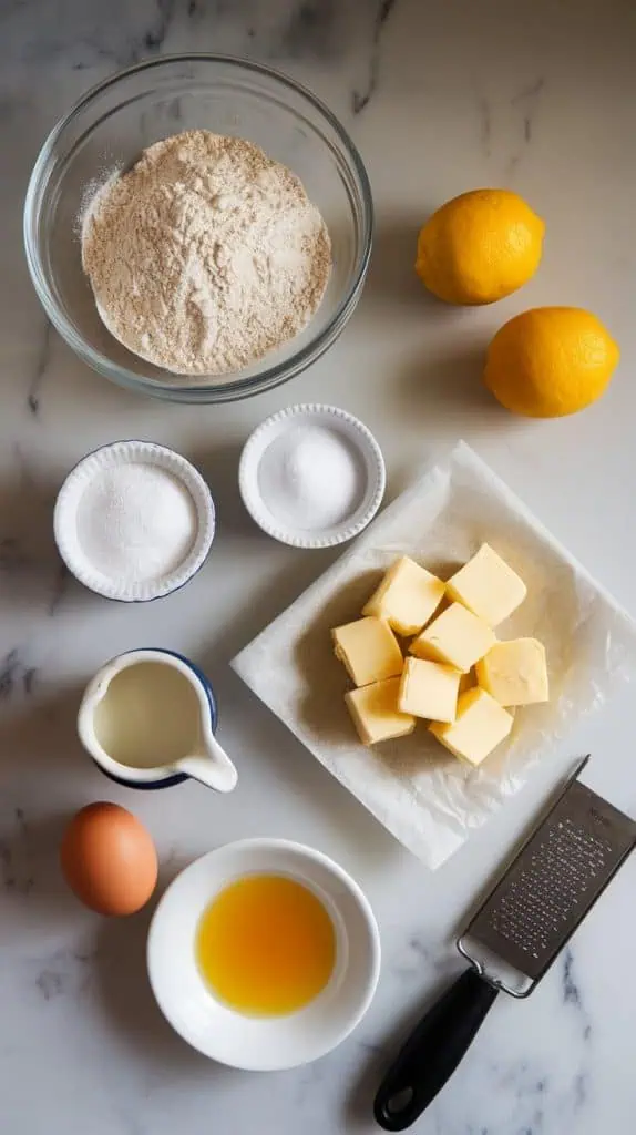 ingredients for Meyer lemon scones on white marble counters with hints of gold