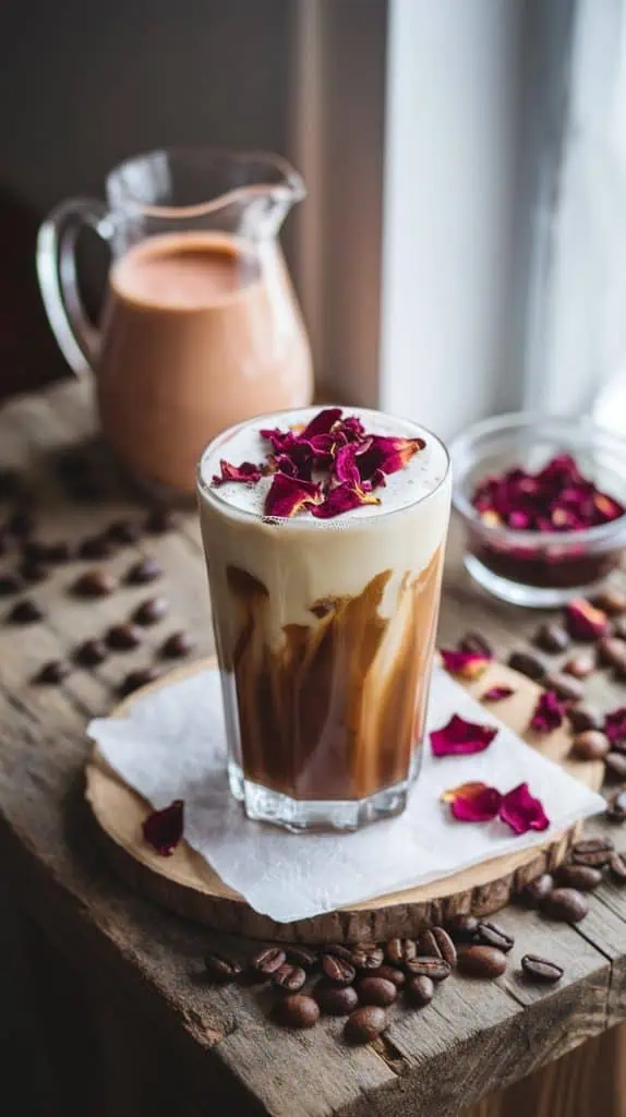 A finished Vanilla Rose Sweet Cream Cold Brew in a tall glass, garnished with dried rose petals on top, with a pitcher of cream and coffee beans scattered on a rustic wooden table.