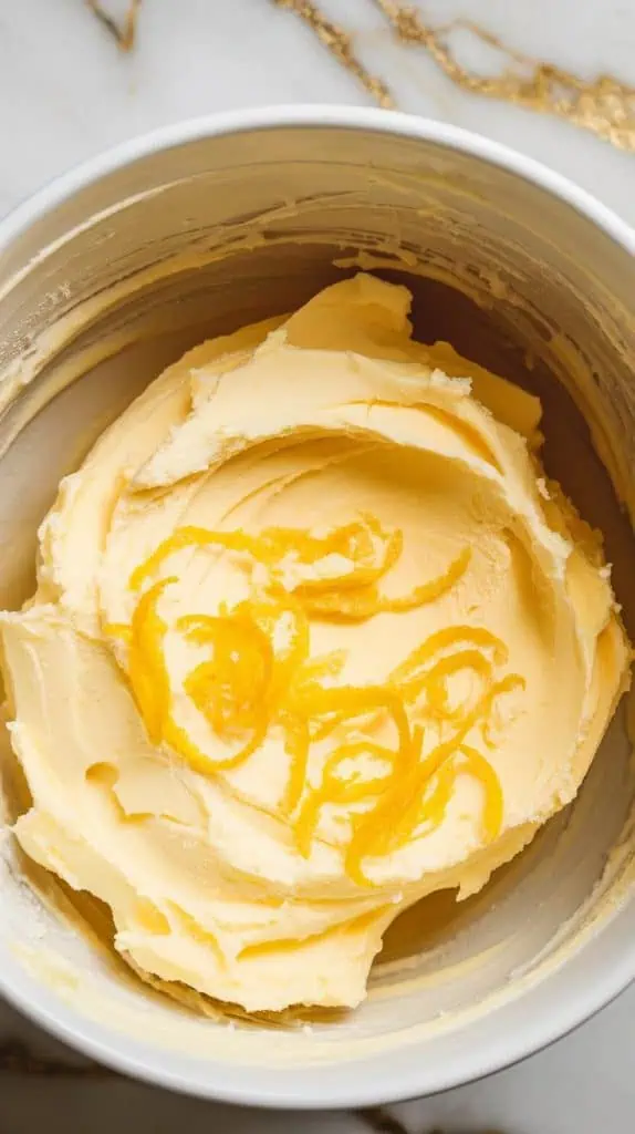 Ultra close-up of creamed butter, sugar, and lemon zest in a mixing bowl