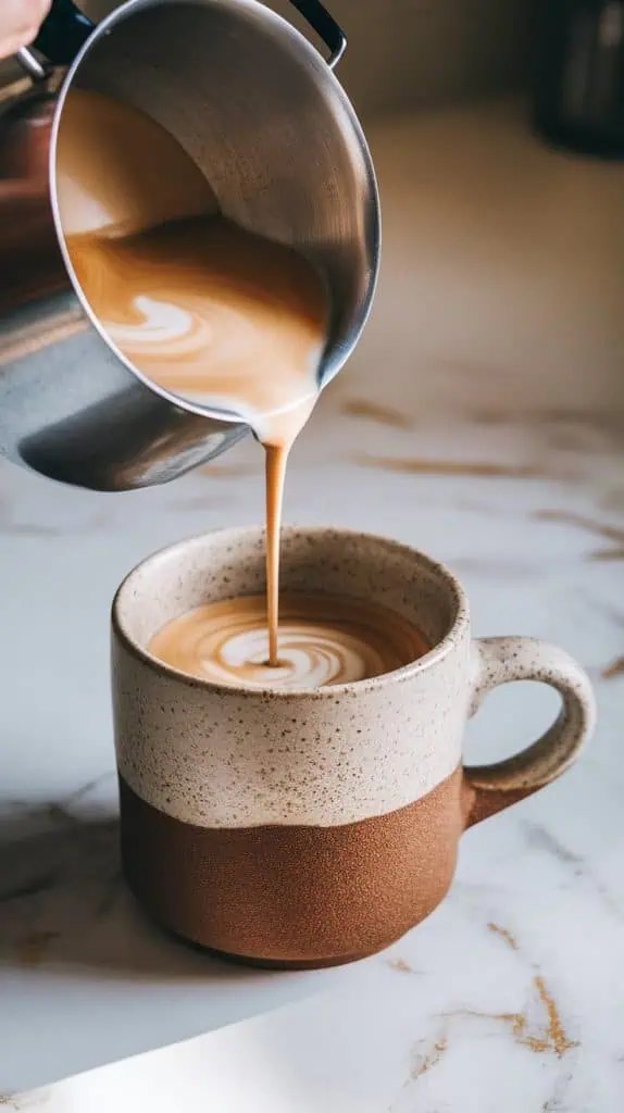A warm hazelnut mocha milk mixture being poured from a small saucepan into a ceramic mug of espresso, with soft swirls forming in the drink. 