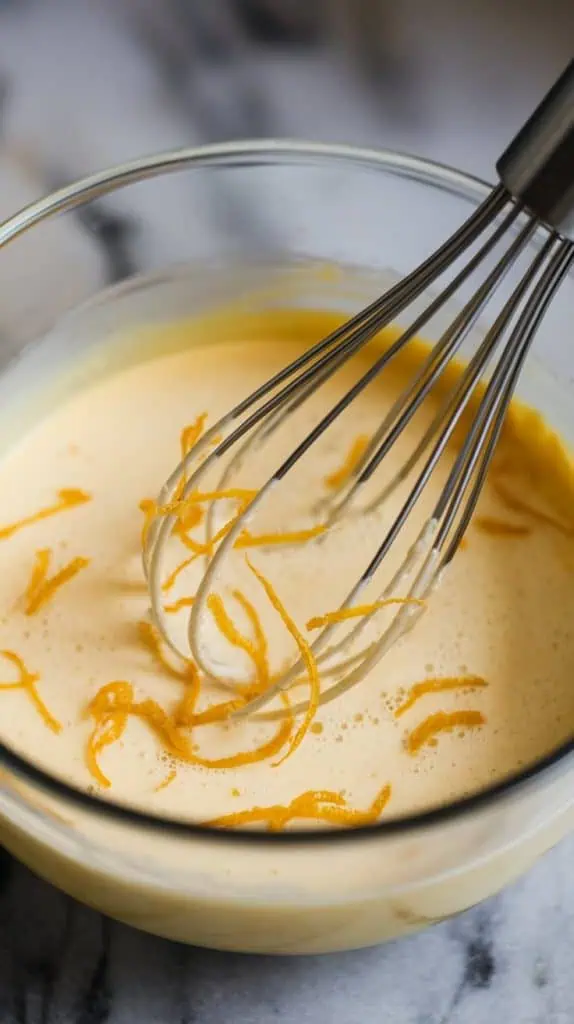 Close-up shot from the top of Meyer lemon zest being whisked into the custard mixture, showing flecks of zest in the creamy liquid