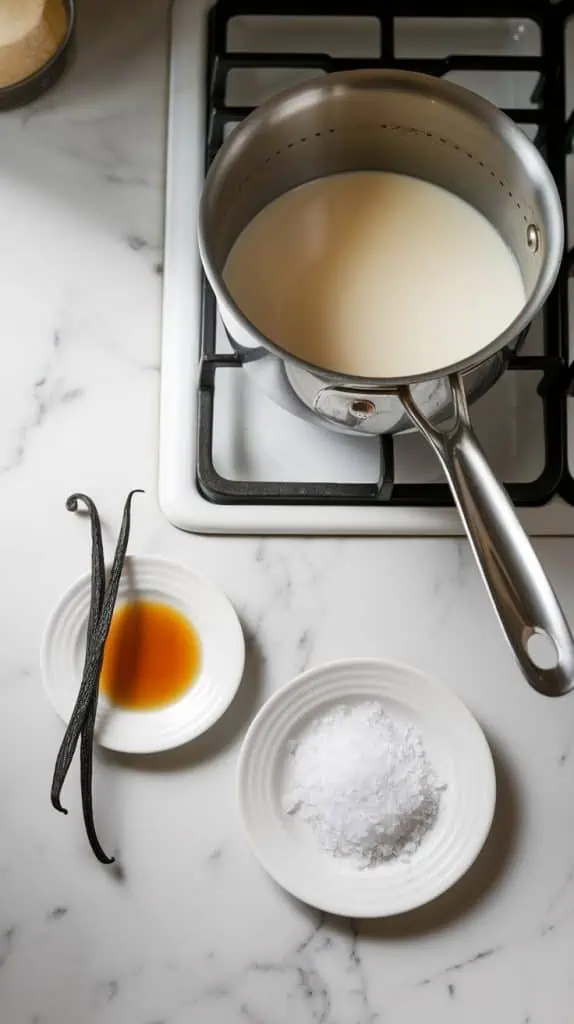 A saucepan of half-and-half off the stove on a white marble counter with vanilla extract being poured in from a small plate and a plate of  sea salt near by
