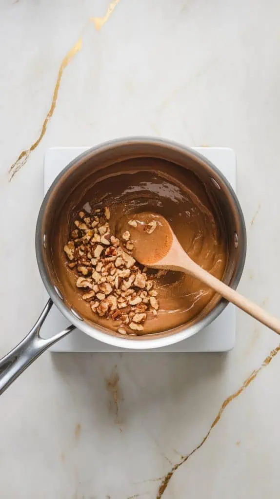 A saucepan off the heat with vanilla extract and chopped walnuts being stirred into a thick maple fudge mixture with a wooden spoon