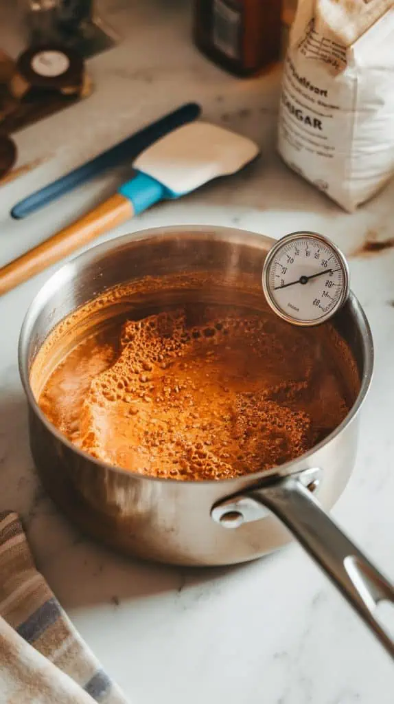 A saucepan with bubbling maple fudge mixture, a candy thermometer clipped to the side reading 235°F.