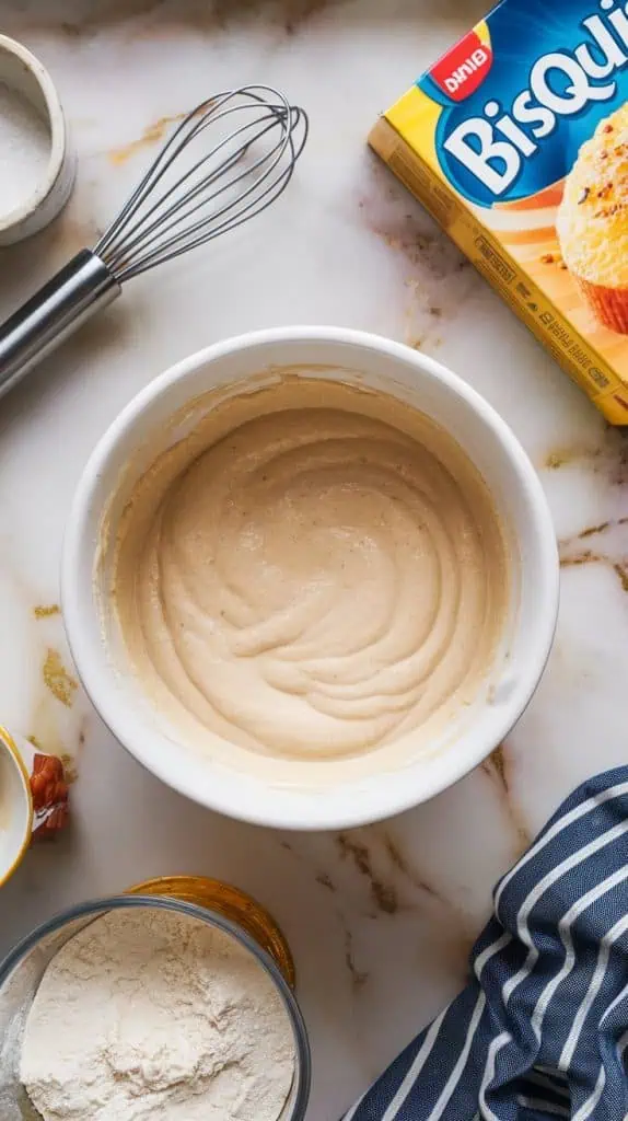 A white mixing bowl filled with smooth, pale batter, surrounded by a whisk, Bisquick box, and other ingredients on a white marble counter with hints of gold